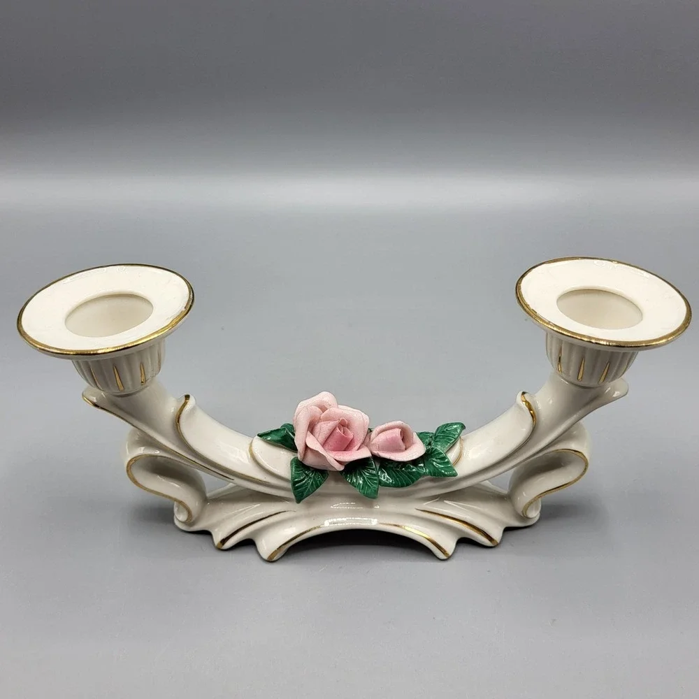 Vtg Dresden Porcelain Rose Double Candle Holder Candlestick Set of 2 Germany